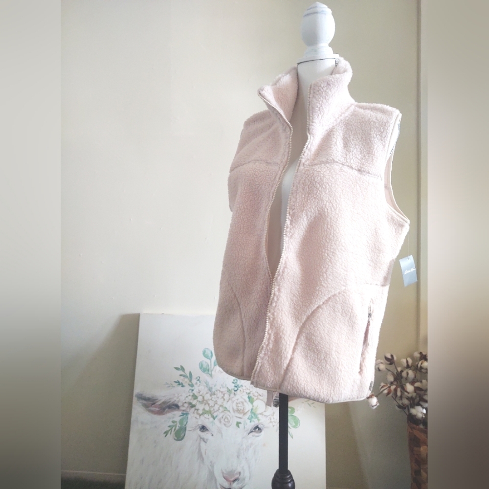 NWt Eddie Bauer 🐑 'Putty' Cream Sherpa Vest + High Collar~ Size: L
